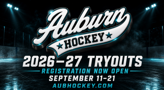 Auburn Hockey 2026–27 tryouts graphic announcing registration is open September 11–21 at aubhockey.com