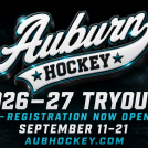 Auburn Hockey 2026–27 tryouts graphic announcing registration is open September 11–21 at aubhockey.com
